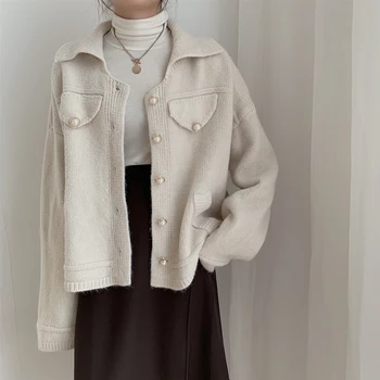 

WICCON New 2020 Autumn Winter Women's Knitwear Knitted Buttons Cardigans Turn-down Collar Vintage Elegant Lady Tops