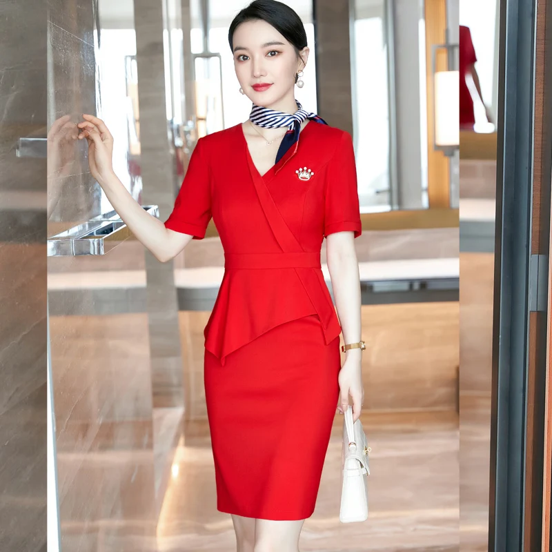 Elegant Red V-neck Short Sleeve Dresses with Scarf OL Styles Women Business Work Wear Slim Hips Dress Beauty