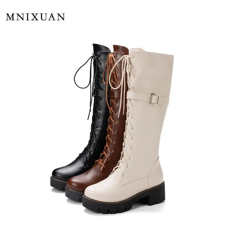 MNIXUAN Knee high boots for women winter new ladies shoes platform lace up long martin boots zipper black boots big size 42