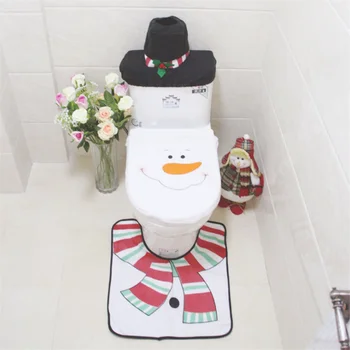 

3PCS Christmas Toilet Set Snowman Bathroom Decoration Carpet Toilet Cover Paper Towels&Water Tank Cover 3PCS Suit Home Decor