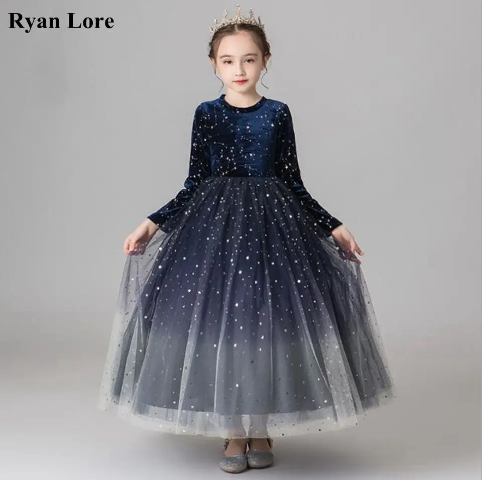 Темно Синие Платья с цветочным узором для девочек Элегантные красные детские