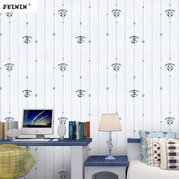 

Blue sailboat pattern wallpaper self-adhesive 3d wall sticker bedroom cartoon kids background collision wood grain wall sticker