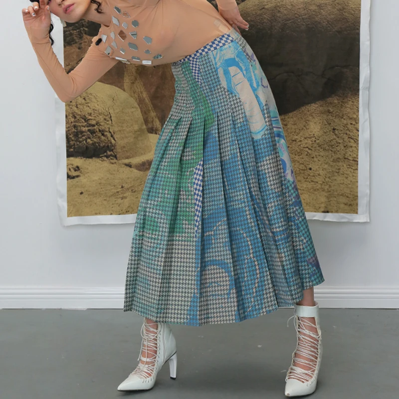 AIMENUNU High Elastic Waist Pleated Plaid Print Contrast Color Half-body Skirt Women Fashion Tide New Spring Autumn