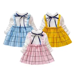 Демисезонный новая детская одежда для девочек с длинными рукавами; платье в клетку 3 цвета Мягкий хлопок макраме воротником однотонные
