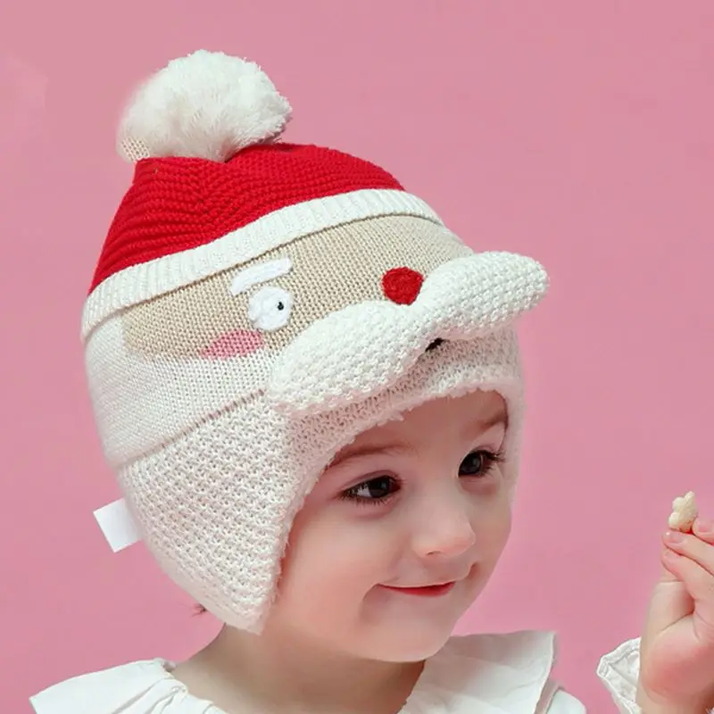 Toddler Kid Christmas Crochet Cartoon Santa Hat Winter Pompom Earflap Beanie Cap Y1AC