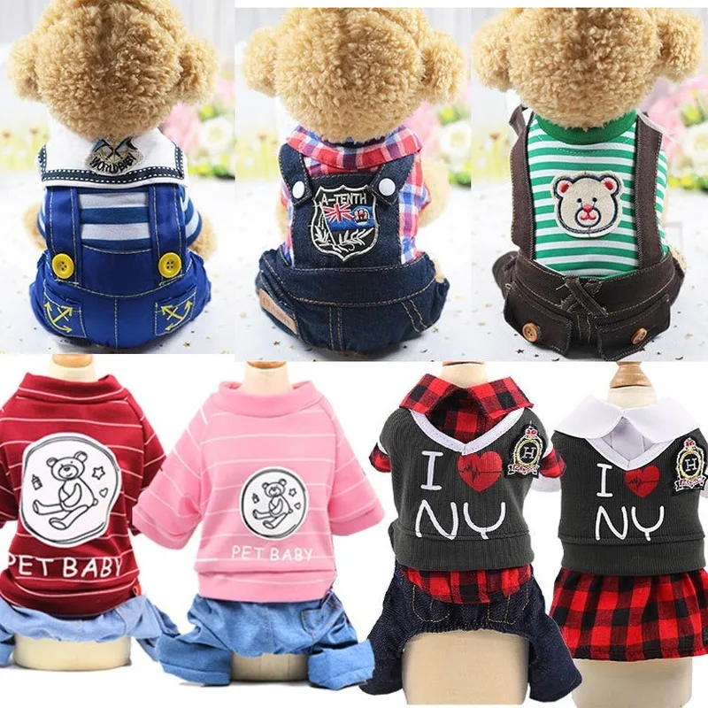 

Denim Jean Four-legged Jumpsuits Naval College Style Clothes for Dogs Bulldog Cat Puppy Costume Big Dog Coat Small Pet Jackets