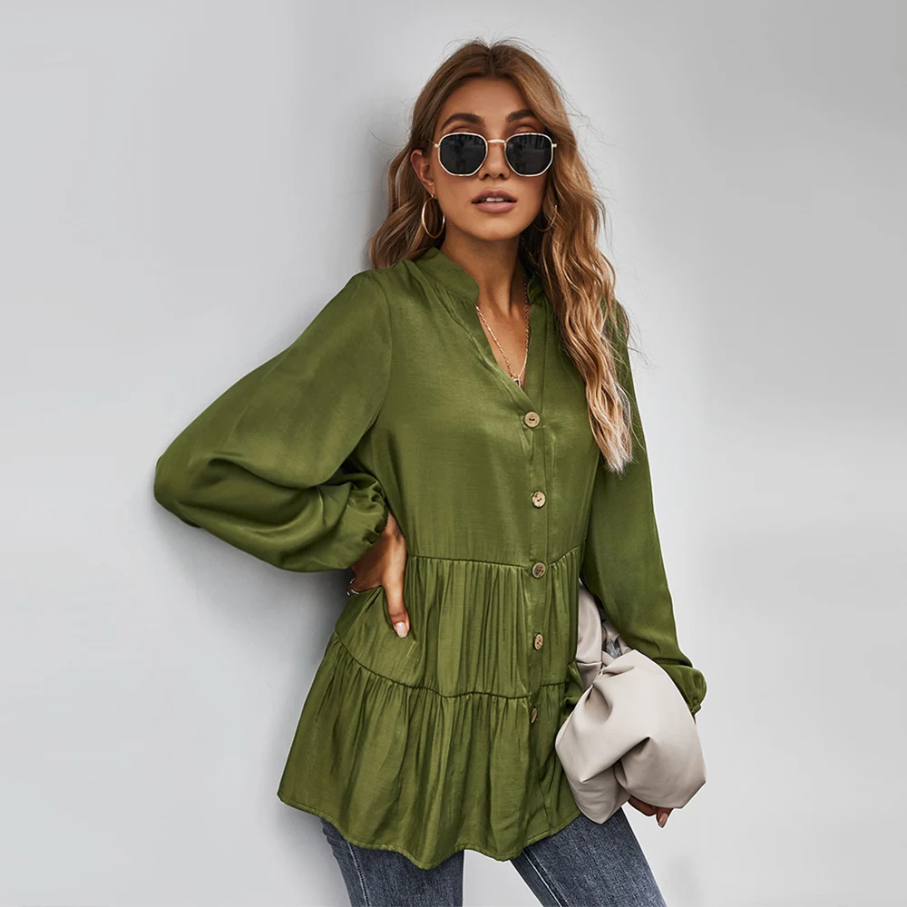 

Women's Long Sleeve Tops V Neck Ruffles Casual Loose Button Solid Autumn Ladies Lapel Shirt Blouses Female Stylish Clothing