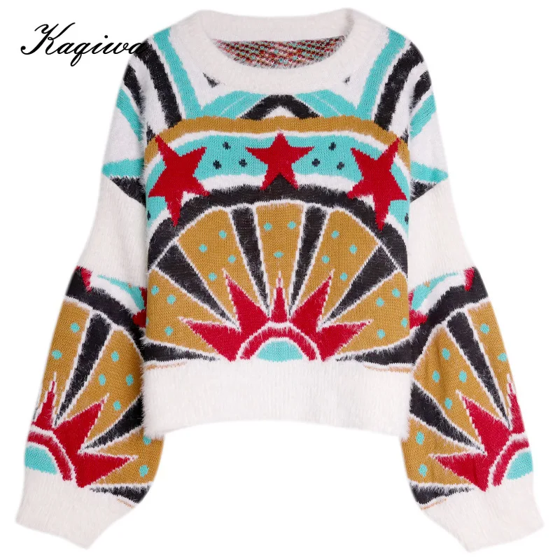 2020 spring Korean sweater fashion women's pattern imitation mink hair Slouchy loose short style with knitwear B-008 | Женская