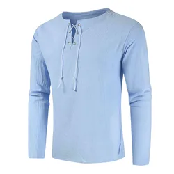 Jaycosin 2021 novo algodão manga longa camisas dos homens cor sólida camiseta solta gola de gola gravata camisa primavera outono roupas masculinas