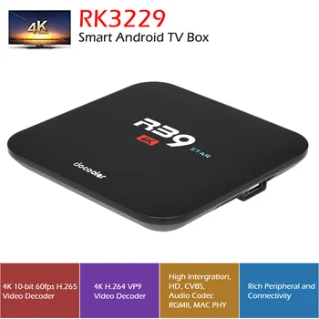 

Docooler R39 STAR Smart Android TV Box Android 7.1 RK3229 Quad Core UHD 4K VP9 H.265 2GB / 16GB DLNA WiFi LAN HD Media Player