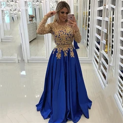 Royal Blue Evening Dresses Formal Gowns Gold Lace Appliques Beaded Long Sleeve A-Line Satin Prom Party Dress Robe De Soiree