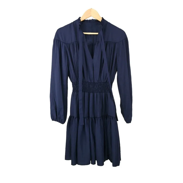 

Bow Lace Up Pleated Dress Women's Elastic High Waist Solid Color Long Sleeve Dress Autumn Winter