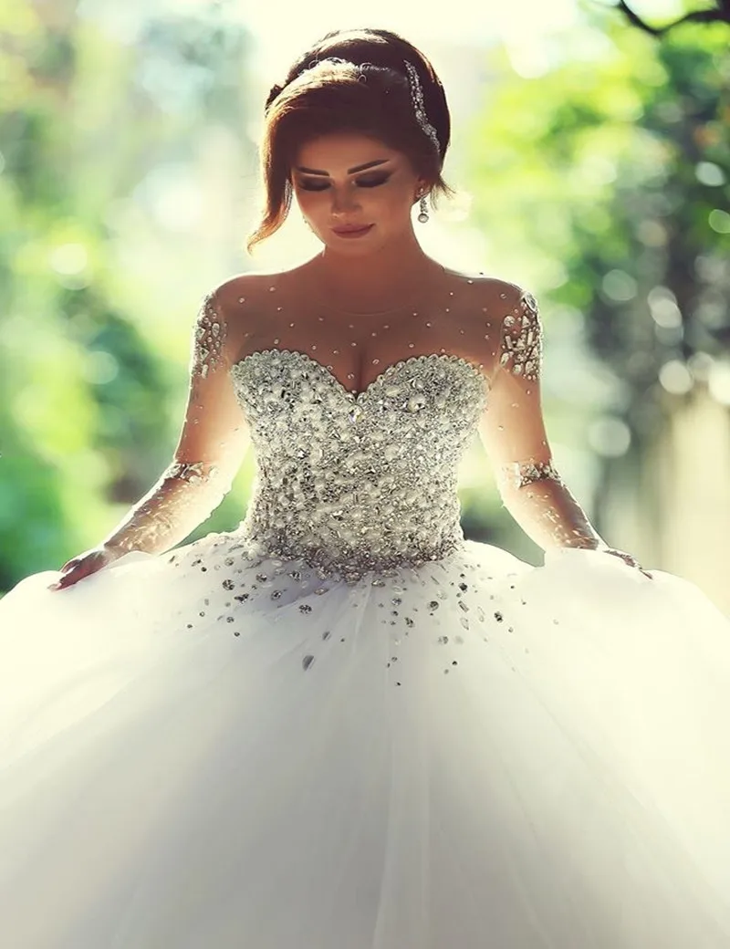 

2015 Vestidos De Novia Long A Line Crystal Beading Tulle Wedding Dresses Full Sleeve Bridal Dress