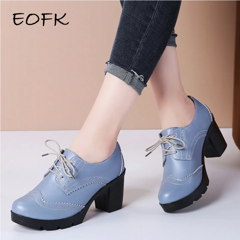 EOFK Women Brogue Shoes New Quaity High Square Heel Derby Genuine Leather High Heels Wedge Shoes Woman Female Shoes Pumps Casual