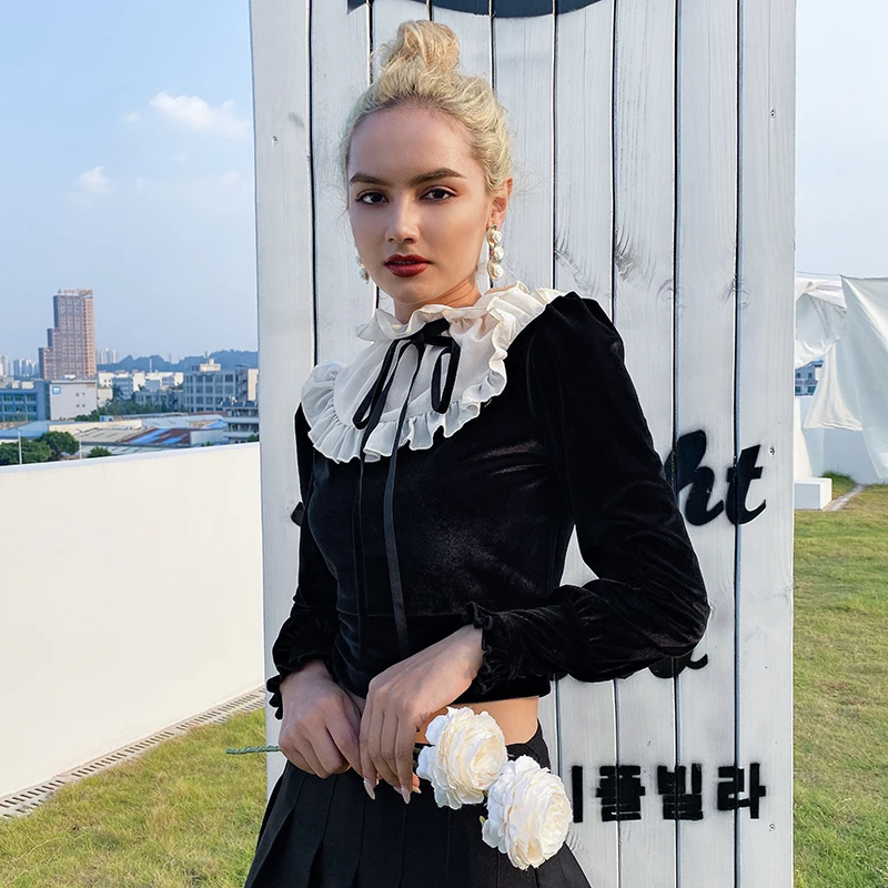 Rapwriter Elegant Runched Patchwork Mesh Lace-up Velvet T-Shirts Women Autumn Streetwear Long Sleeve Fitted Waist Tee Shirt