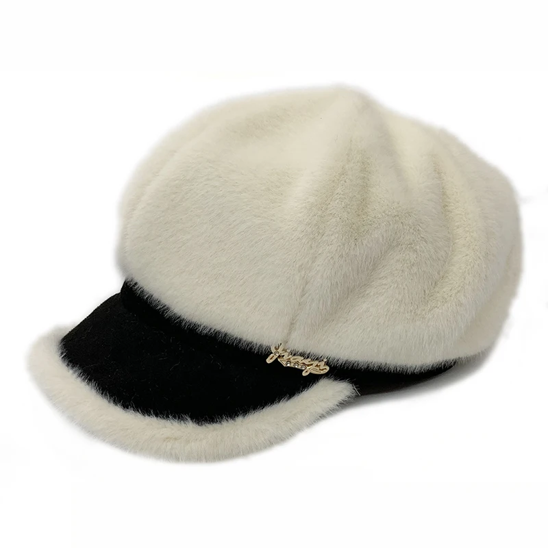 Осенне зимняя женская кепка Newsboy Casquette Femme искусственный мех кролика плюшевая