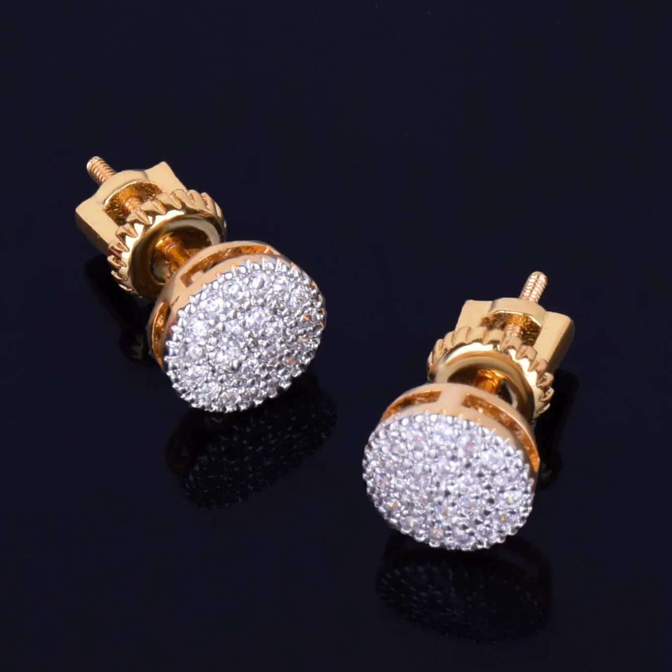8MM Gold Color Small Round Stud Earring AAAA Cubic Zircon Screw Back Men’s Earrings Fashion Hip Hop Jewelry