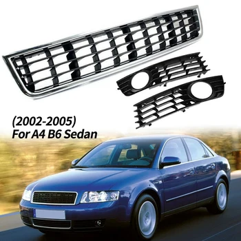 

3Pcs Front Bumper Center Lower Grille + Fog Light Grill For- A4 B6 Sedan 2002-2005