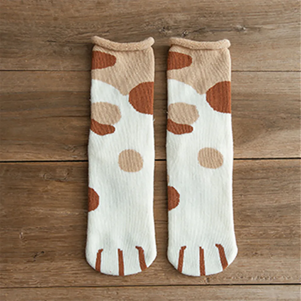 Женские носки, Весенняя забавная симпатичная кошачья лапа, полосатые носки с принтом, женские модные теплые коралловые уплотненные носки до лодыжки