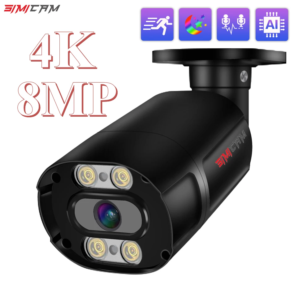 HD 4K 8MP PoE IP Camera Metal CCTV Security Street Outdoor Indoor Onvif Double Light Human Detection Color Full Night Vision Cam |