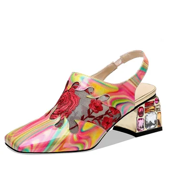 

Summer China Style Fashion Women Genuine Leather Square Toe Shoes Ladies Crystal High Heels Mesh Embroiders Sandals 20200124
