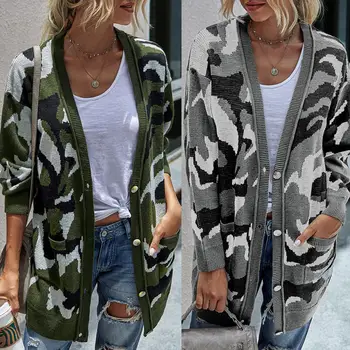 

Women Autumn Winter Camouflage Open Front Cardigan Buttons Long Sweater Coat Women's clothing женская куртка 2020