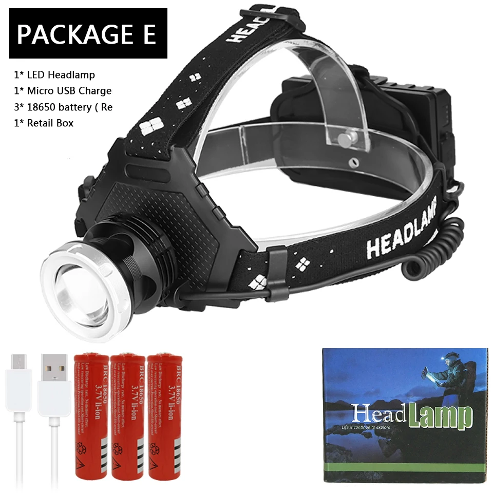 Package E Litwod Z90 XHP70.2 Новое поступление самая мощная светодиодная фара 32 Вт XHP50.2 zoom Головной фонарь блок питания 7800 мАч 18650 батарея - Испускаемый цвет: Package E