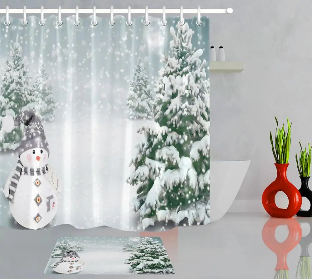 Winter Snow Forest Snowman Christmas Home Bathroom Bathtub Decor Polyester Waterproof Fabric Shower Curtain 12 Hook Bath Doormat