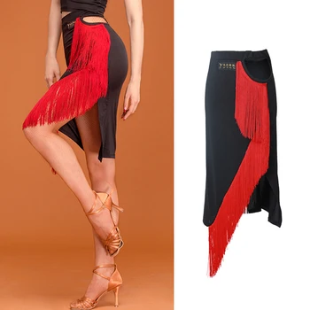 

Latin Skirts Lady Black Milk Silk Red Fringe Skirt Female Cha Cha Tango Salsa Samba Rumba Women Clothes Performance Wear DN4074