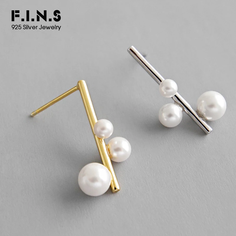 

F.I.N.S Korean S925 Sterling Silver Earrings Imitation Pearl Beaded Female Earring Two-tones Korean Fashion Woman Stud Earrings