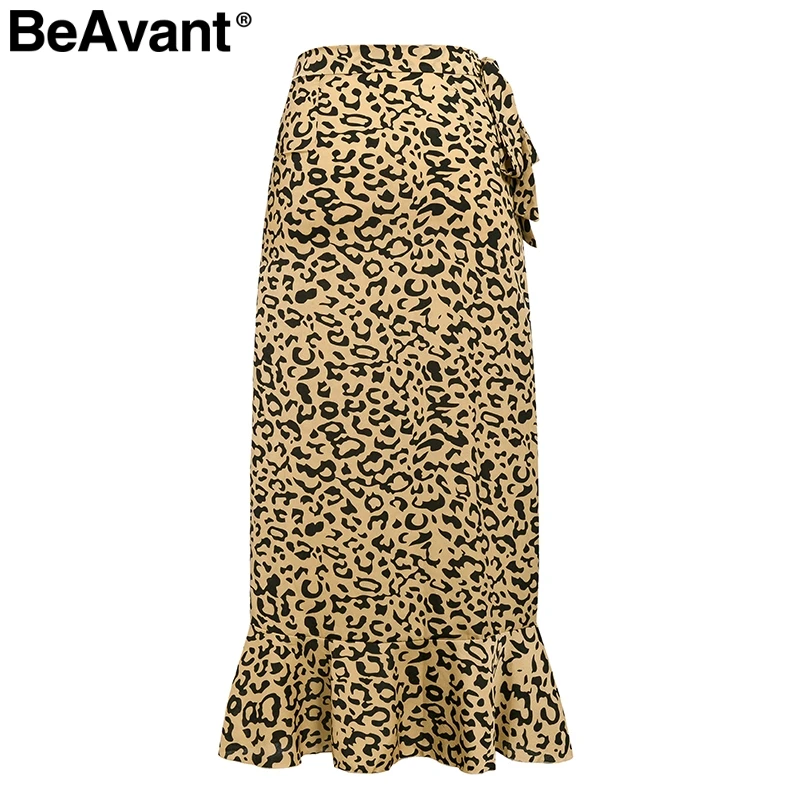 BeAvant Elegant leopard print women maxi skirt High waist ruffled asymmetrical female long skirt Side bow tie autumn lady skirts