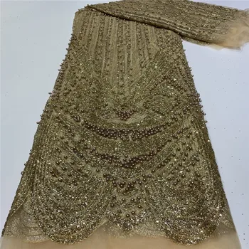 

Latest African Net Lace Fabric 2020 gold High Quality Sequins/beads Nigerian Lace Fabrics 5Yards French Tulle Lace Material red
