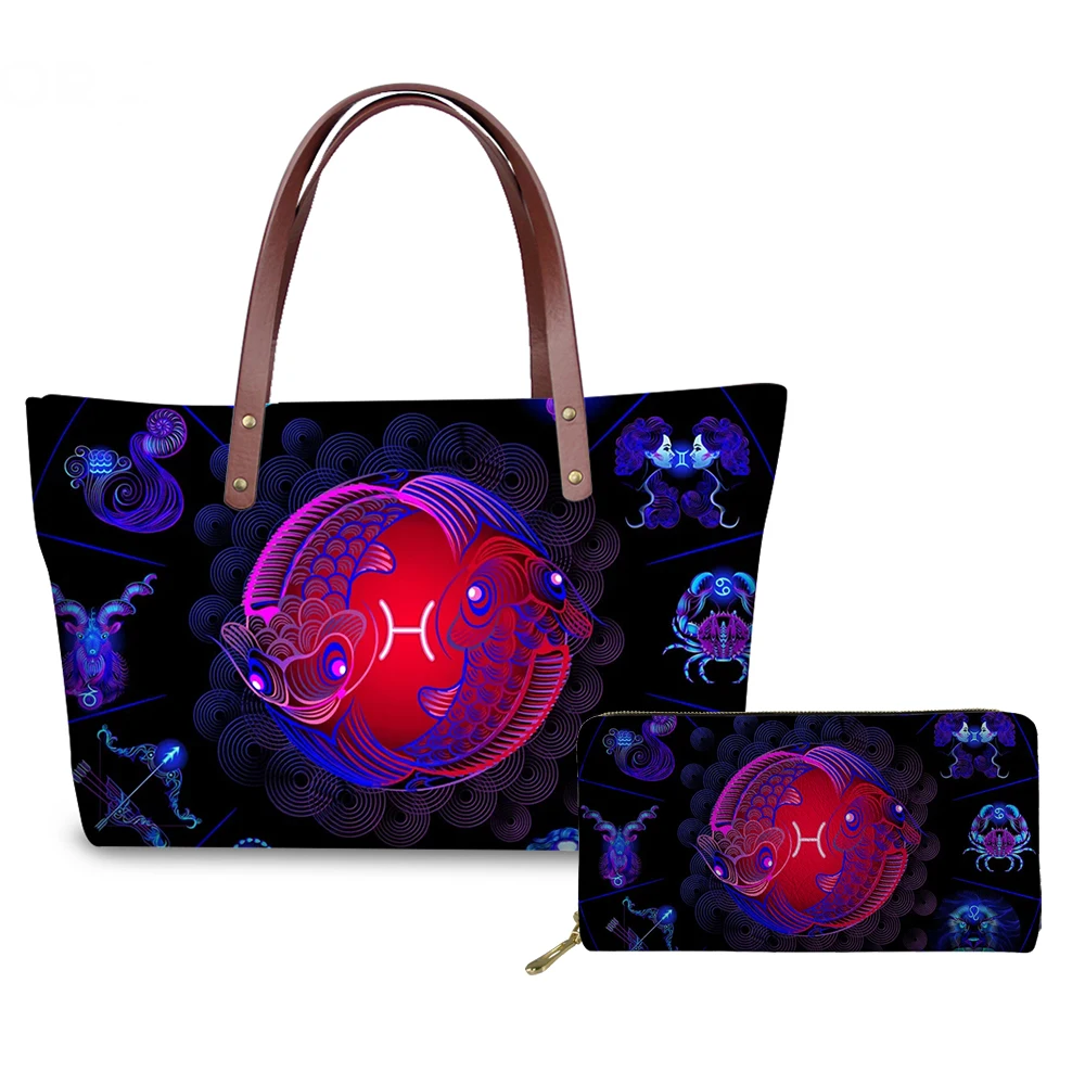 

ELVISWORDS Brand Handbags&Purses Set 12 Constellations Printing Shoulder Bags For Women Lady Top-Handle Bag Custom Tote Bags