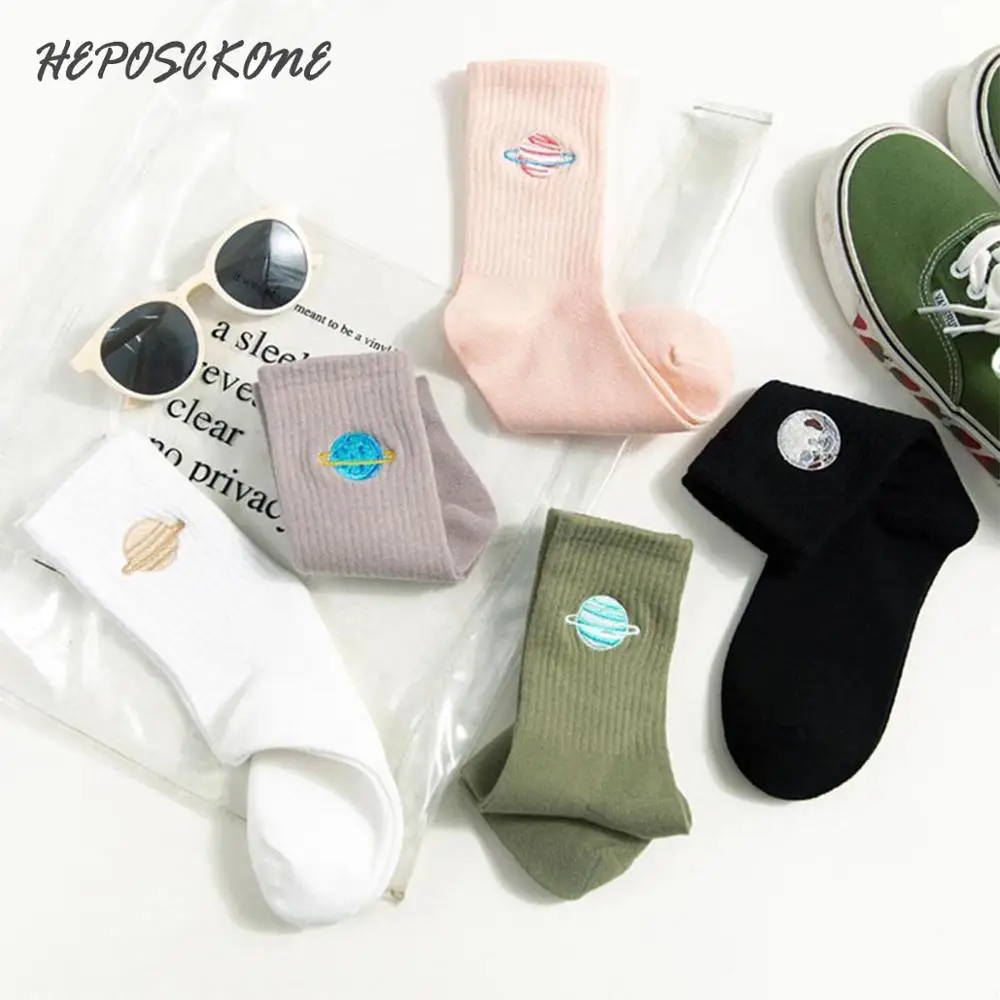 HEPOSCKONE Harajuku креативная Планетарная Вселенная забавные Женские носочки Милая забавная вышивка ручной работы индивидуальный тренд Skarpetki Sokken