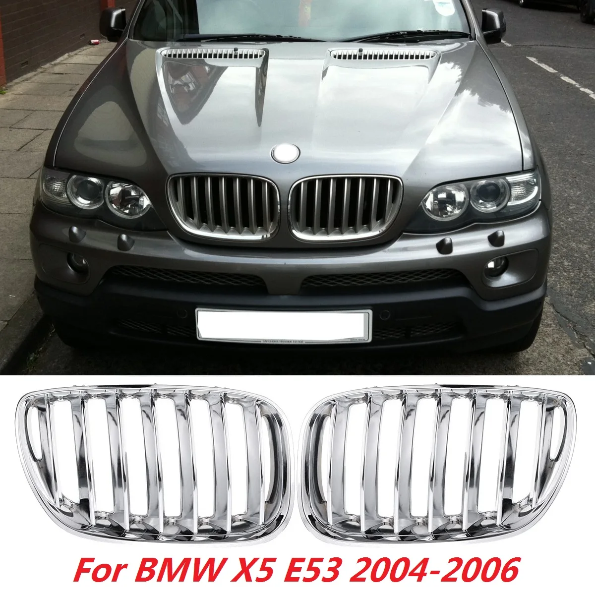 

Hot Sale Pair Matte Black Chrome Front Hood Kidney Sport Grills Grille for BMW X5 E53 2004-2006 Front Bumper Grille Car Styling