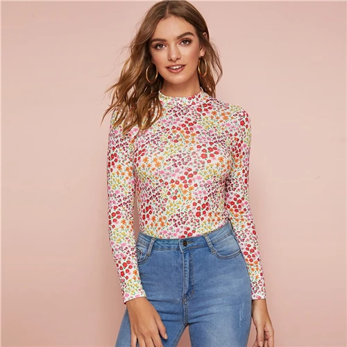 Multicolor3 SHEIN, многоцветная Футболка с воротником-стойкой и цветочным принтом, Женская Осенняя футболка с коротким рукавом, офисные женские эластичные облегающие футболки - Цвет: Multicolor3
