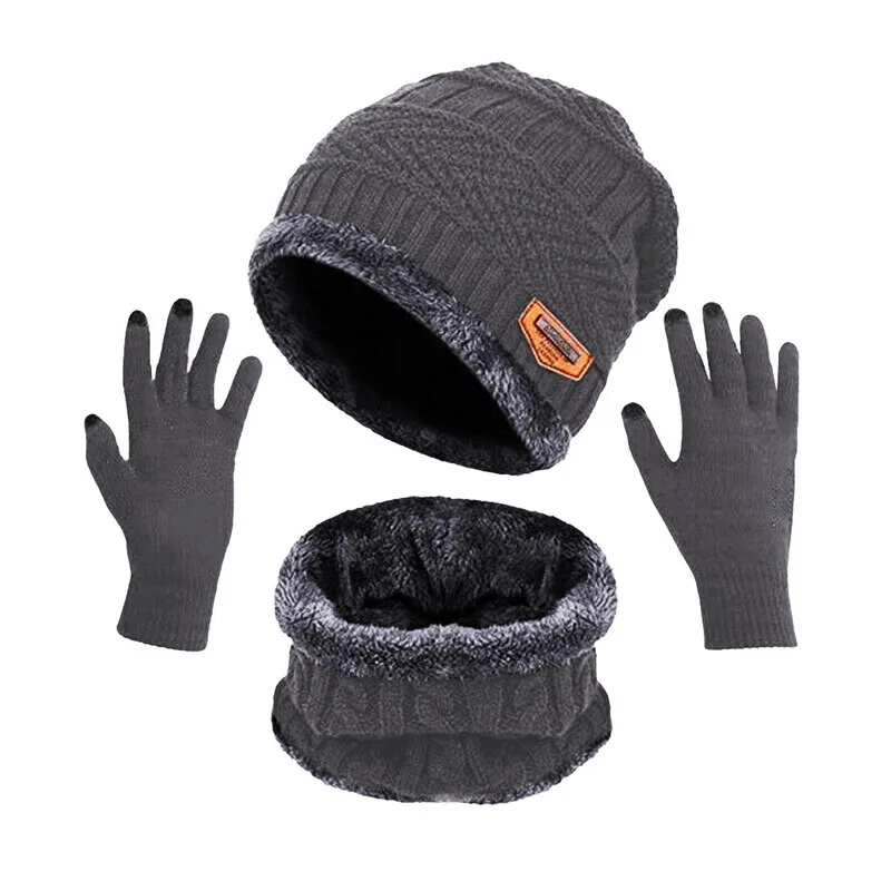 Unisex Beanies Hat Ring Scarf Gloves Set Winter Knitted Thick Warm  Women Men Solid Retro Beanie Hat Soft Touch Screen Gloves 