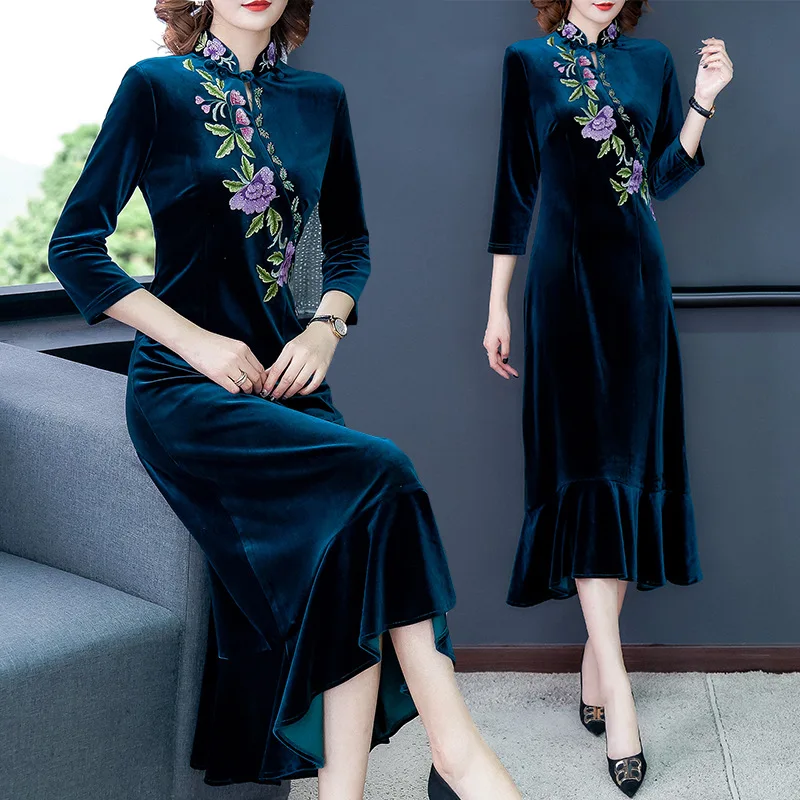 

Improved Autumn Spring Annual General Meeting Cheongsam Evening Gown Women's yan hui zhuang Nobility Elegant Velvet Dress Fishta