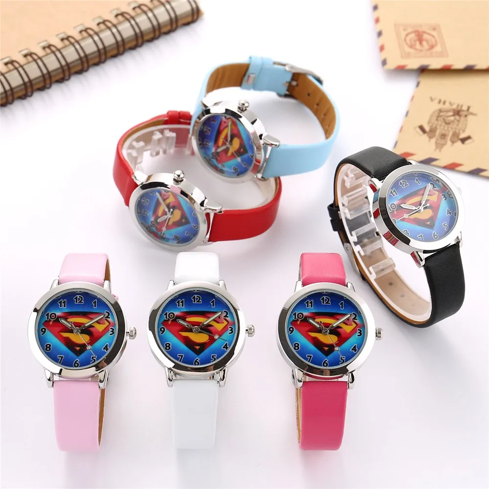 Детские часы с Суперменом, классический дизайн, детские часы с рисунком для мальчиков и девочек, с кожаным ремешком, кварцевые детские часы Erkek Kol Saati