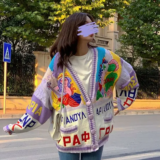 Vintage Cardigan Women'S Sweater Letter 