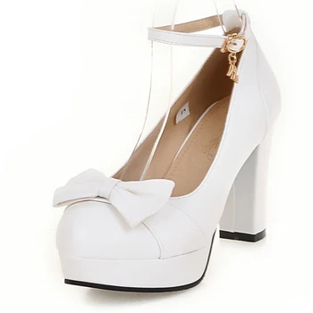 

RIBETRINI Elegant Shallow Platform Shoes Woman High Square Heels Dress Pumps Women New Spring Elegant butterfly-knot Pumps