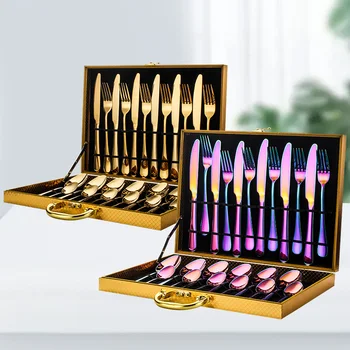 

Stainless steel cutlery 24-piece set gift golden wooden box set titanium-plated western tableware