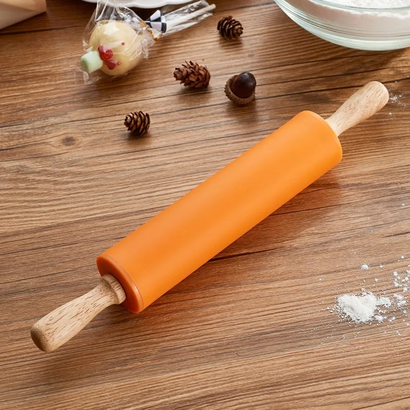 Silicone Rolling Pin Dough Roller with Wooden Handle Kitchen Baking Tool for Fondant Cake Pasta Cookie Dough Bakery Pastry Tools