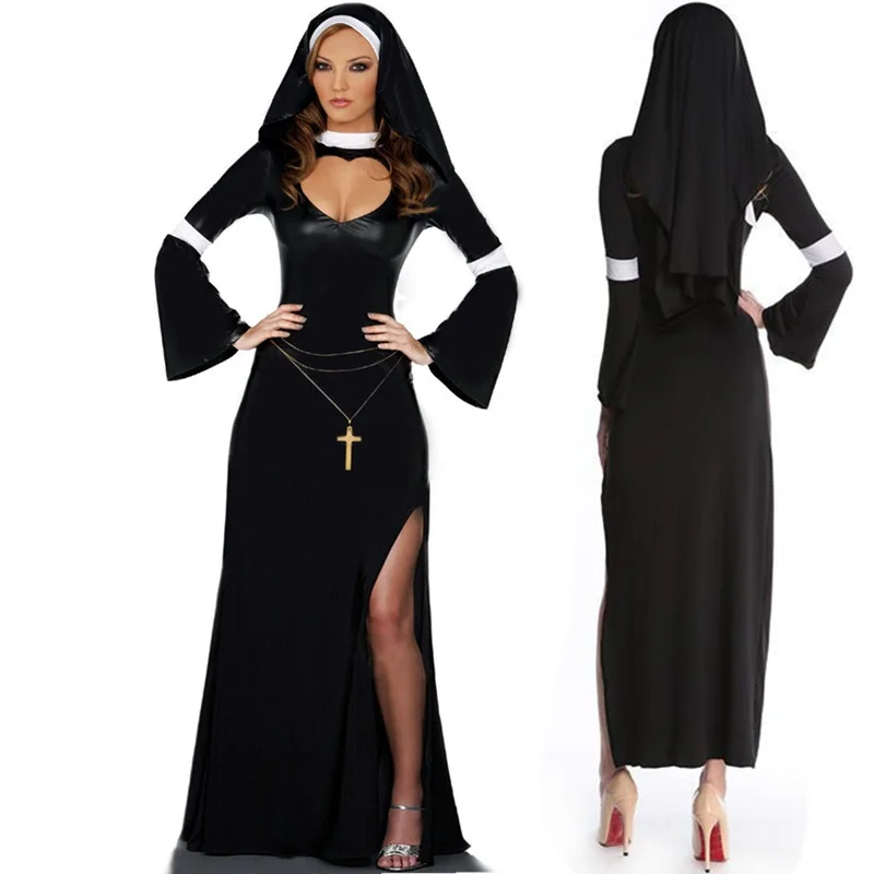 Сексуальный костюм монахини взрослых Для женщин Платье для косплея с черным капюшоном для Хэллоуина Костюм Платье на костюмированную