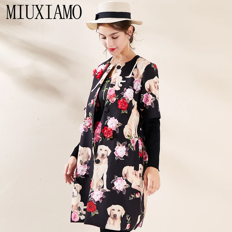 MIUXIMAO, зимнее пальто, свободное, с розами, с принтом собаки, элегантное, модное, теплое, длинное пальто, винтажное, женское, зимнее пальто, Женское пальто