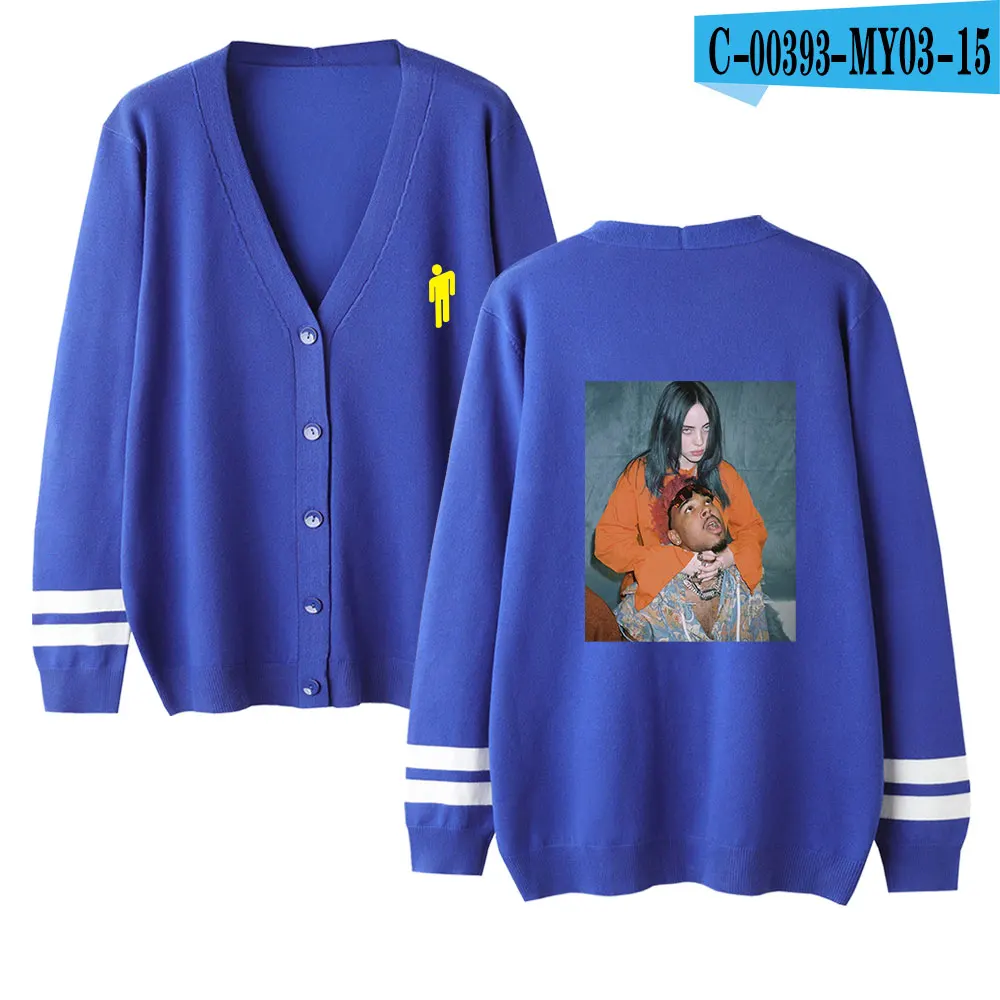 Billie Eilish женский свитер с v-образным вырезом, сплошной цвет, свободный свитер, однобортный Повседневный вязаный кардиган, Осеннее/зимнее пальто размера плюс - Цвет: blue