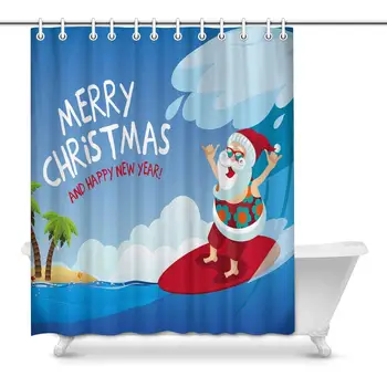 

Funny Merry Christmas Cartoon Santa Claus Surfing a Gnarly Wave Decor Waterproof Polyester Fabric Shower Curtain Bathroom Sets