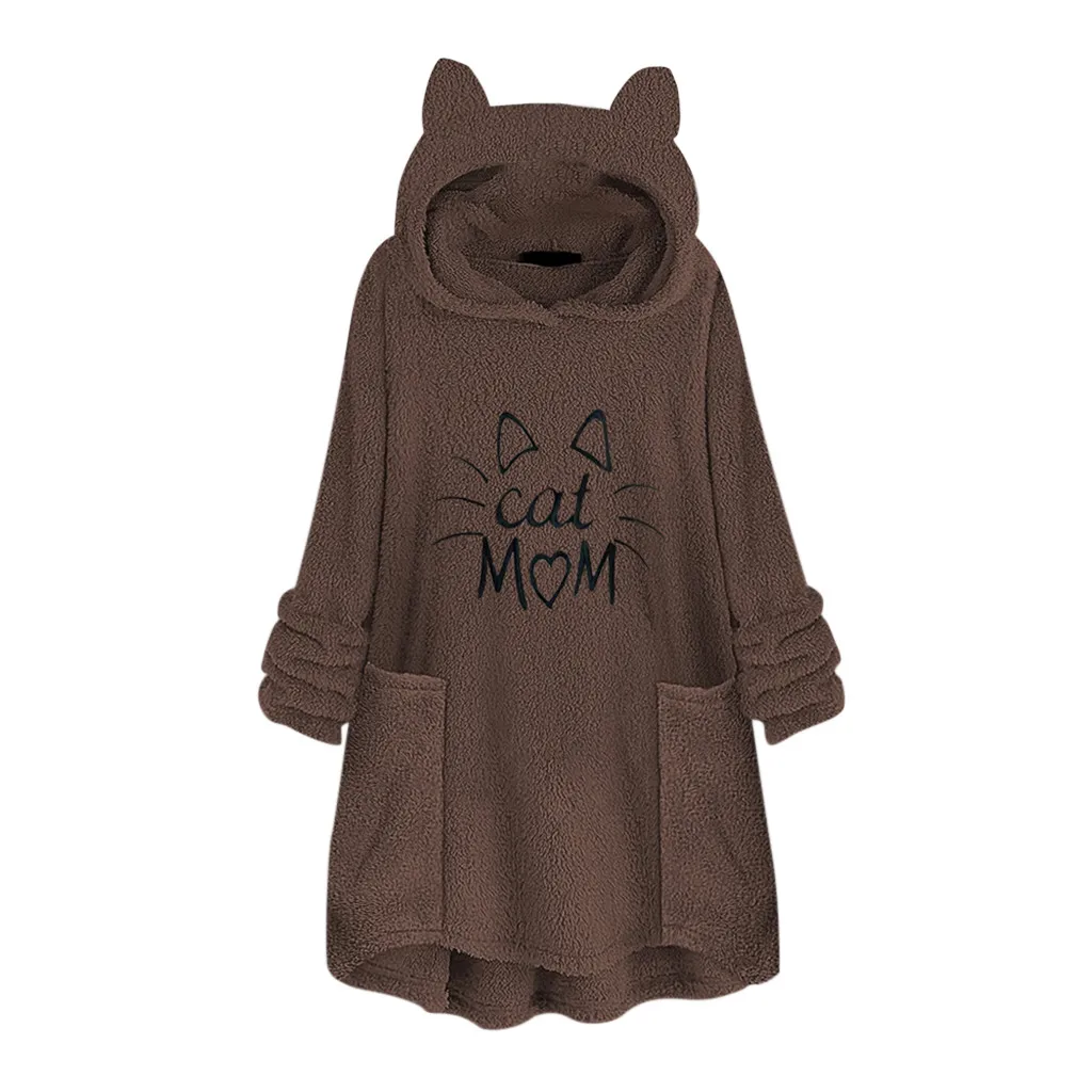 Women Sweatshirt Women Cat Mom Fleece Embroidery Cat Ear Hoodie Sweatshirts Pocket Pullover Top mujer Winter Hoodies#L20 - Цвет: COFFEE