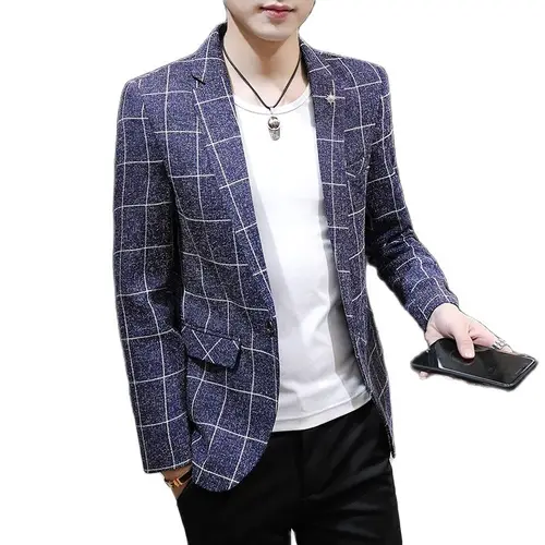 남성용 체크 무늬 정장 재킷, 비즈니스 캐주얼 블레이저, 슬림 코트, 오프 화이트, 봄 및 가을, 신상 5