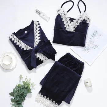 

Sexy Casual Lady Pijamas Suit Nightwear Warm 3PCS Strap Top&pants Velvet Long Sleeve Women Lounge Softy Home Wear Sleepwear